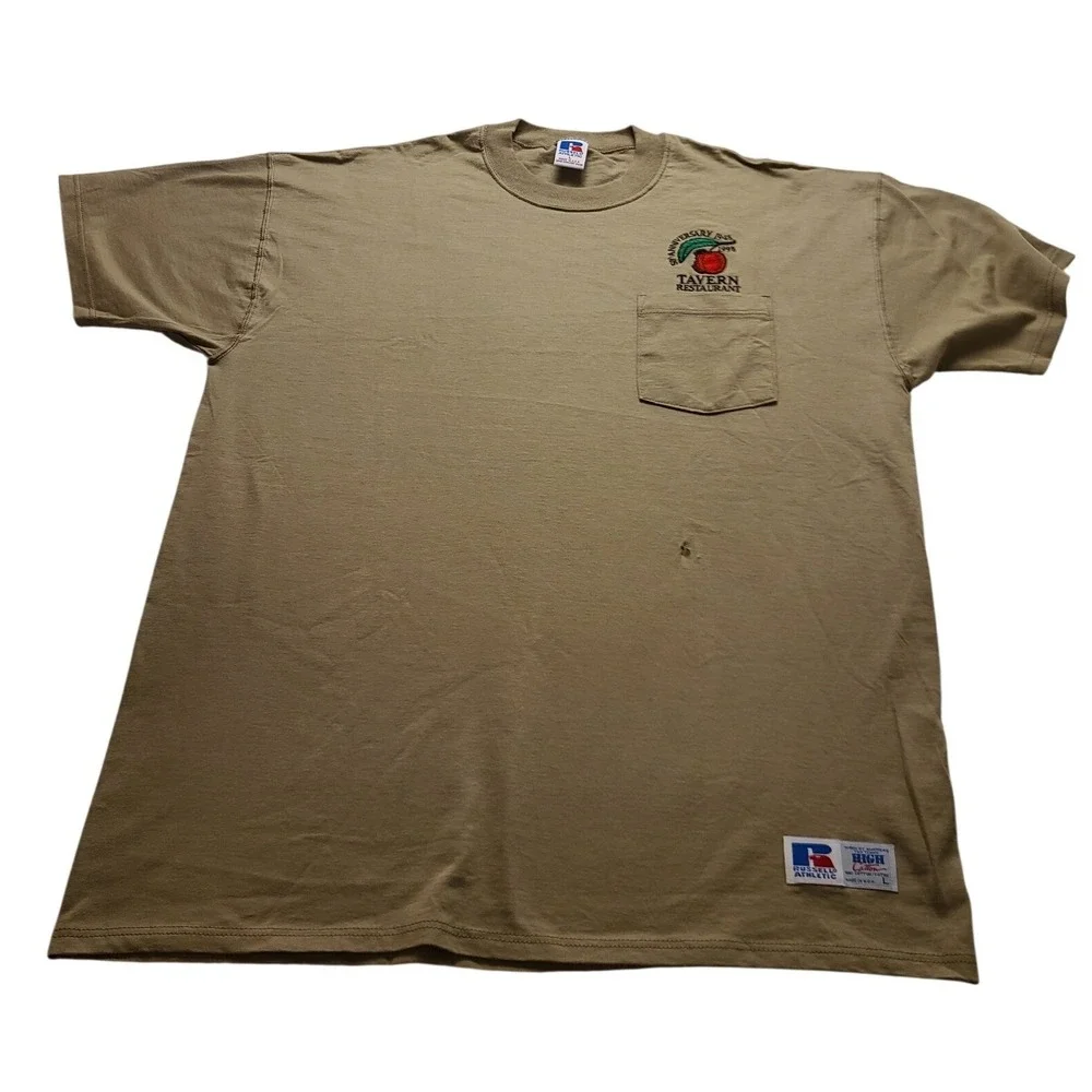 Vintage Russell Athletic High Cotton Pocket Men's T-shirt Tan Tavern Resto L